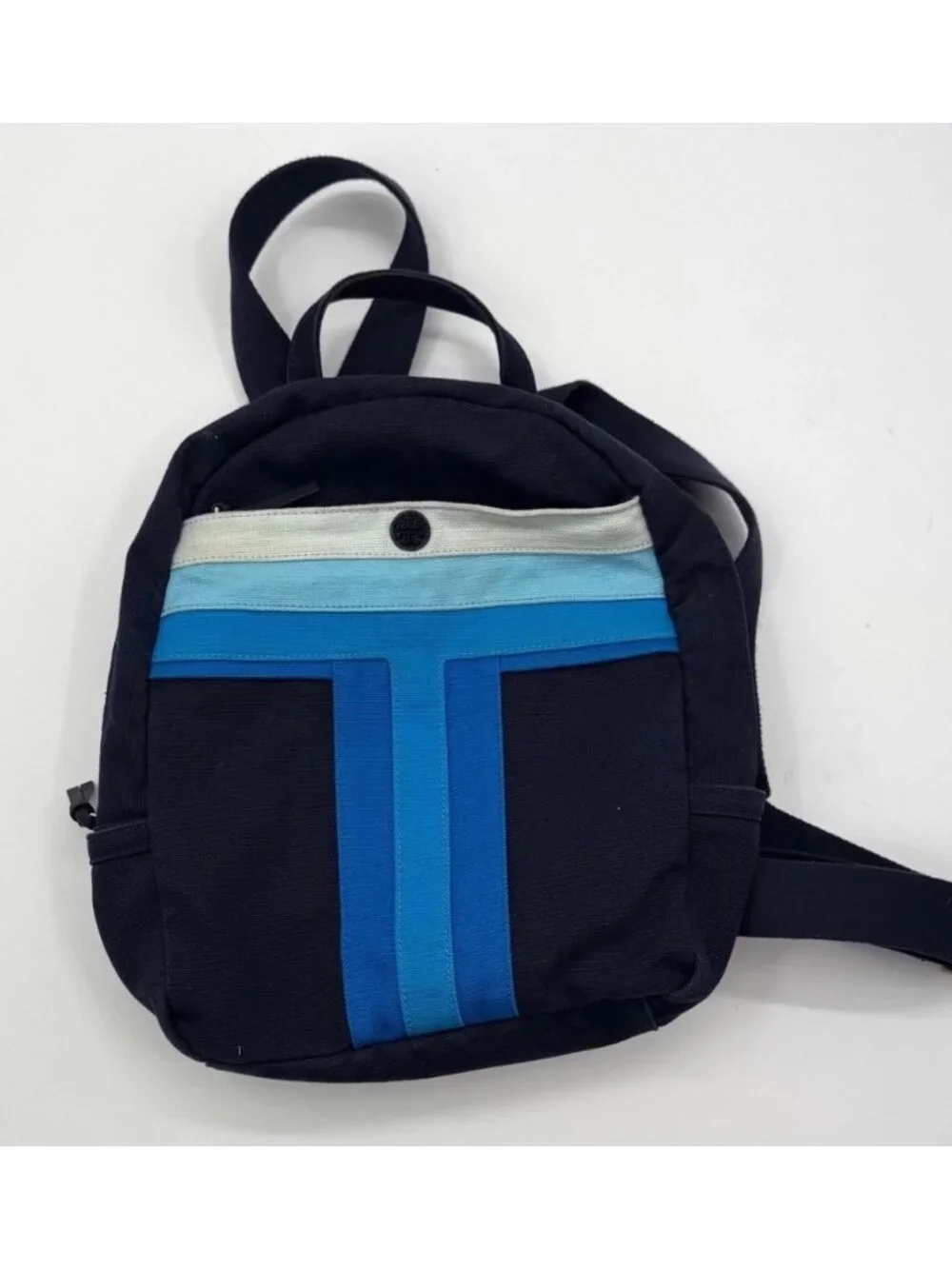 Tory Burch Mini Backpack With Blue Stripe Design & Adjustable Straps